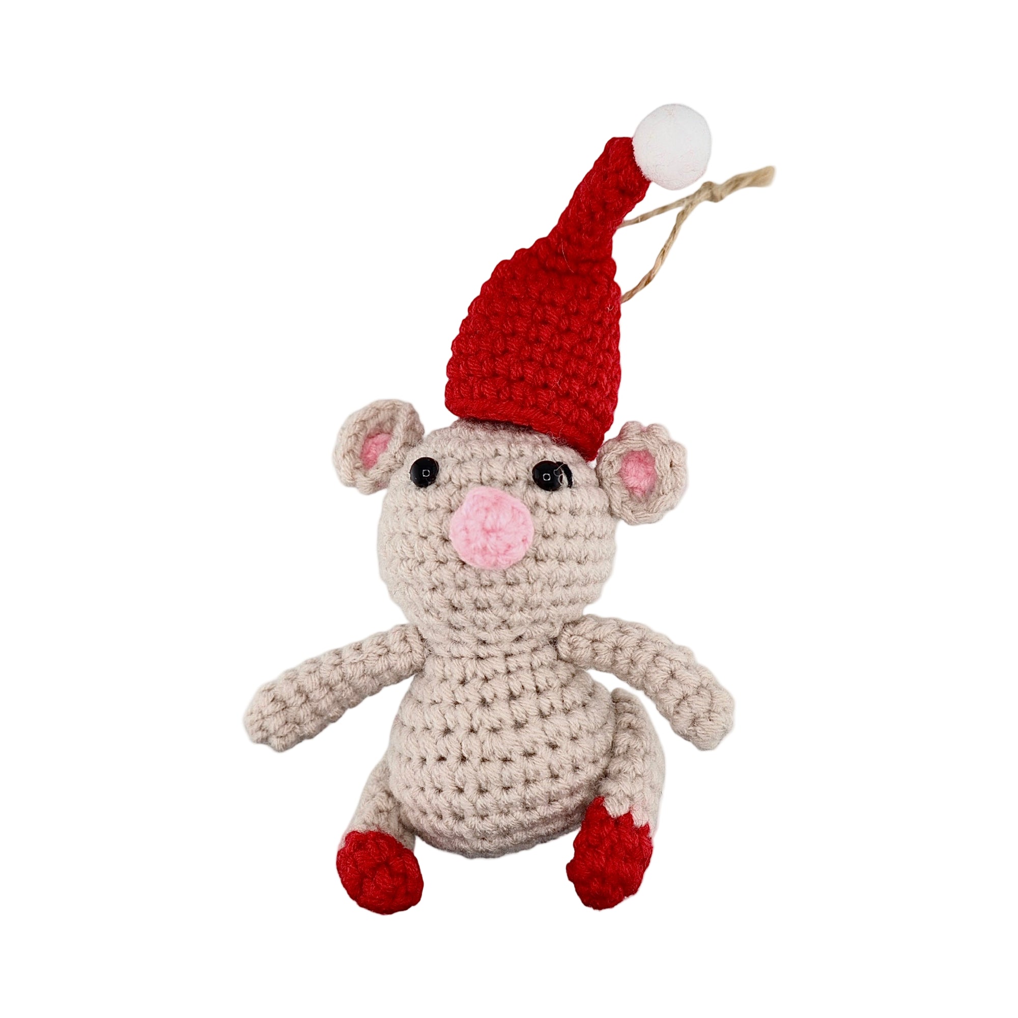 Xmas Mouse Red Hat Hanging Crochet Decoration